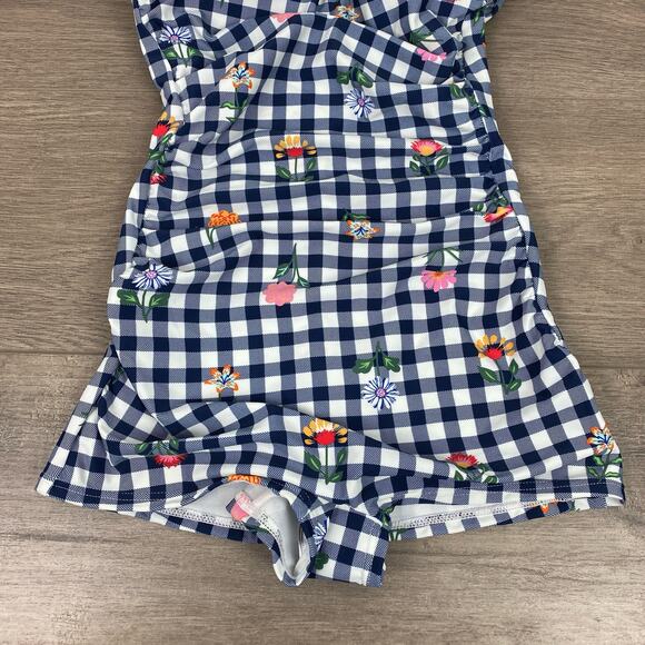 Unique Vintage Navy Gingham Floral Halter Tie Romper Style Swimsuit Sz.S/4 NWT - Picture 6 of 16
